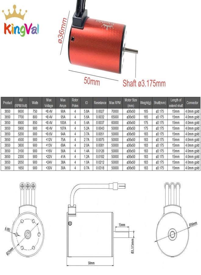 KingVal Replacement 3650 5200KV Waterproof Brushless Motor Shaft 3.175mm Compatible with 1/10 RC Car - Image 2